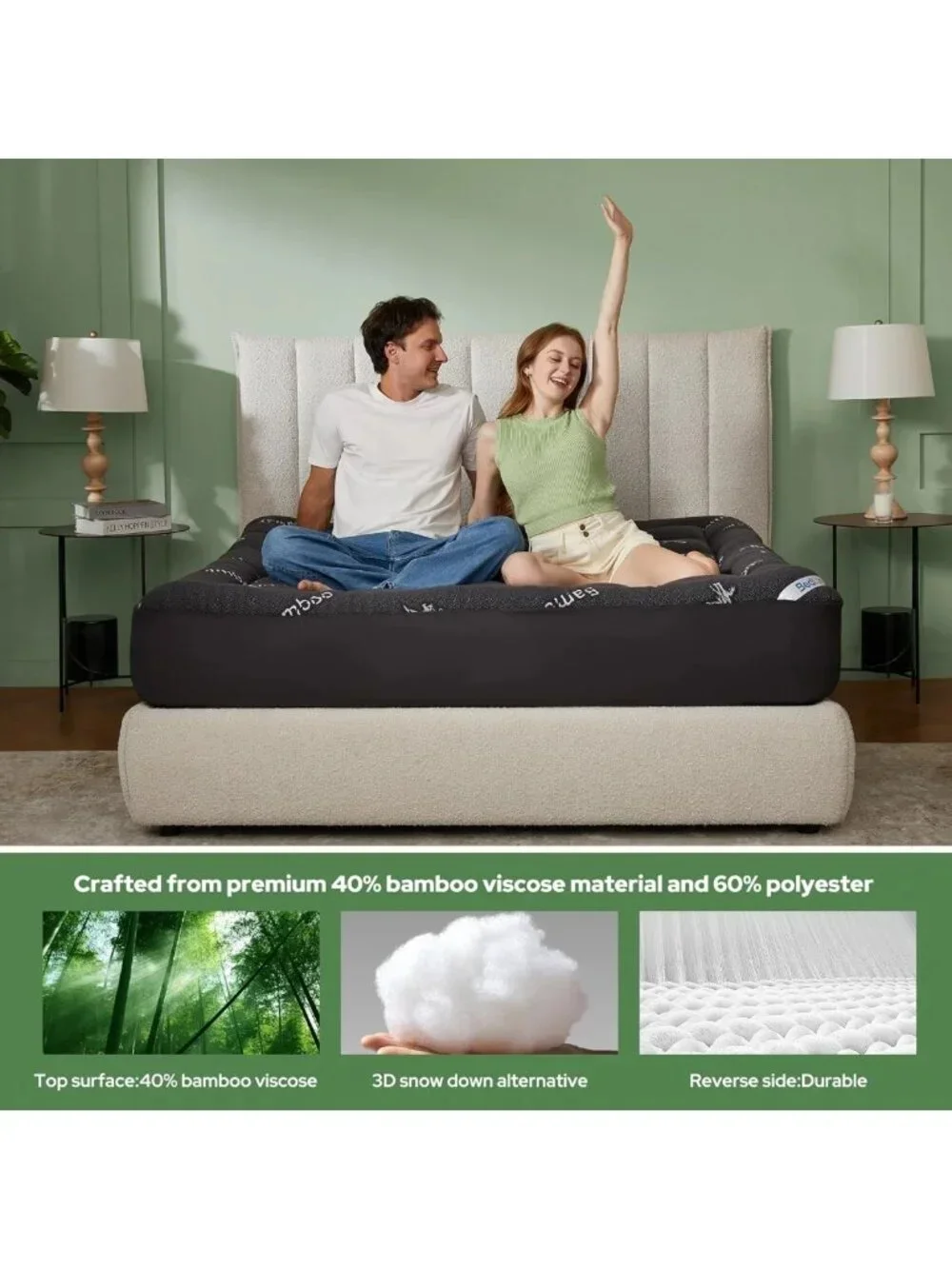 Thick Bamboo Mattress Topper for Queen Bed - Soft Pillow Top, Back Pain Relief